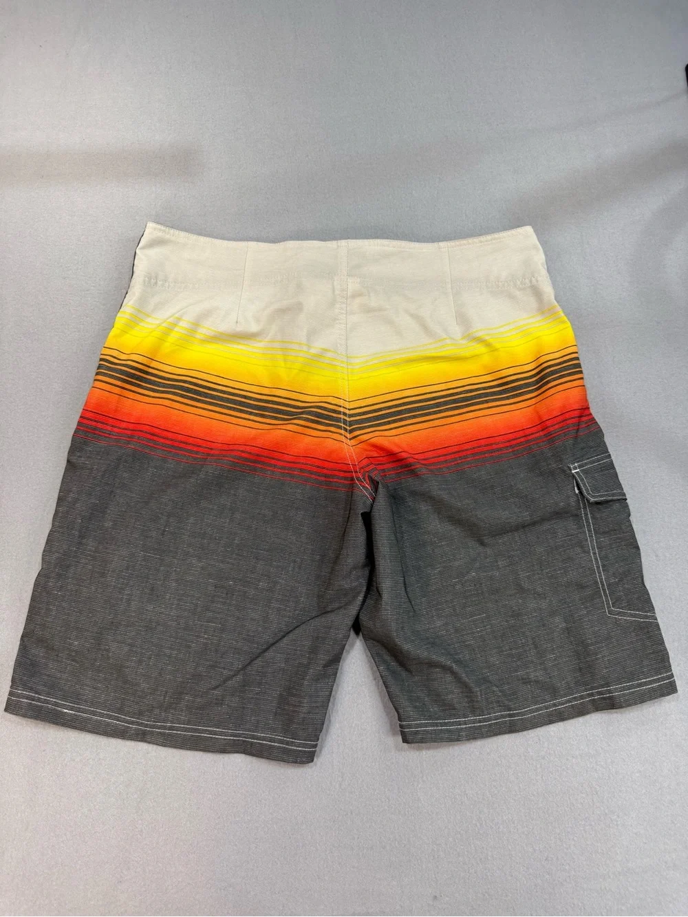 Mossimo Supply Co. Black Boardshorts with Yellow-Orange-Red Sunset Stripe Y2K